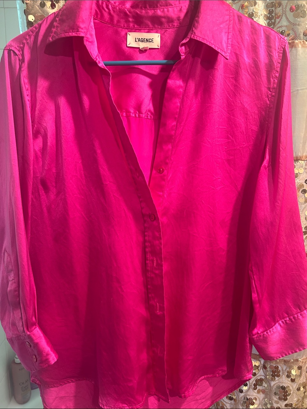 L'AGENCE Fuchsia Silk Button-Down Blouse M